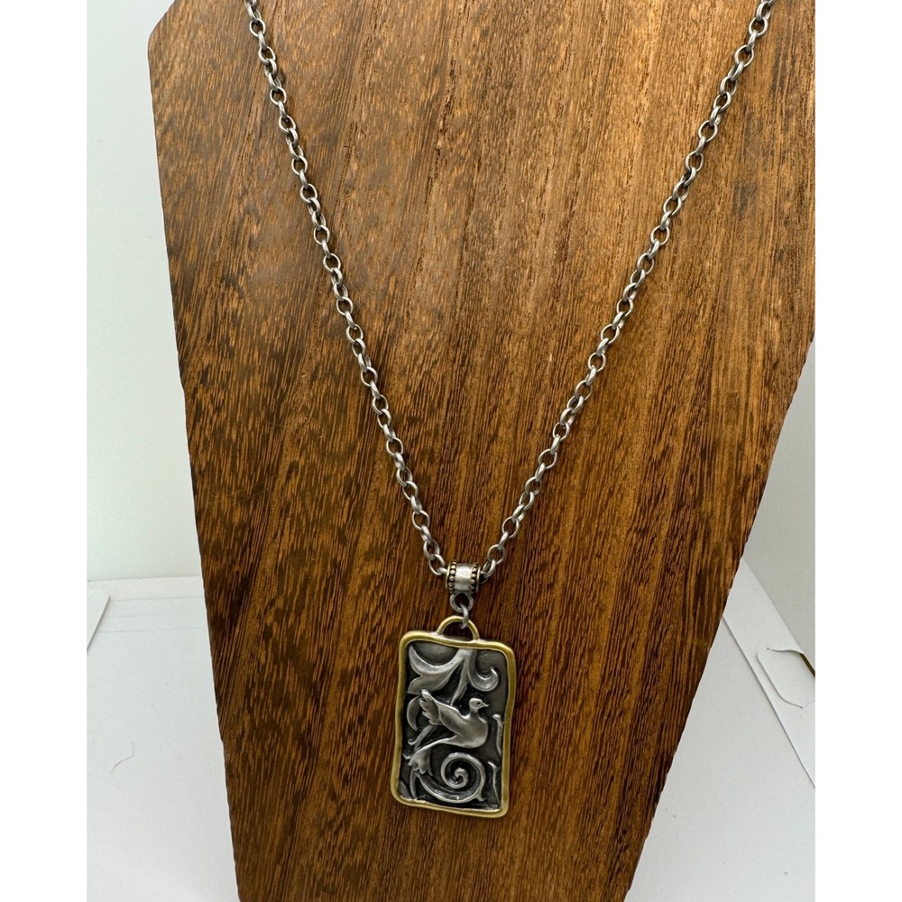 Serenity Prayer Bird Pendant Necklace Mixed Metal Artisan Two Tone 24 Inch